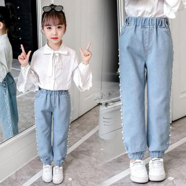 Jeans Fashion Pearl for Girls Teenage Children Heastic Waist Palnts Kids Troushers Roupos