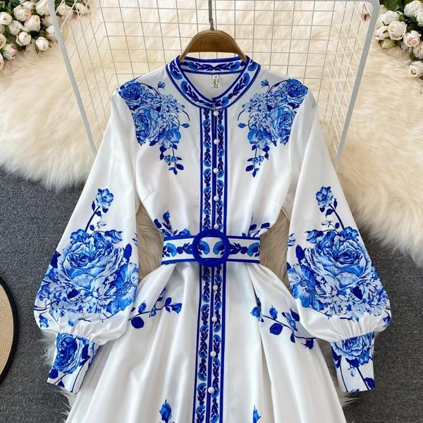 Vestidos casuais 2023 primavera mulheres retro estilo chinês azul e branco porcelana impressão único breasted com cinto maxi longo dres304f