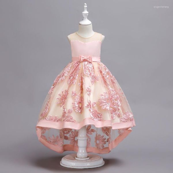 Mädchenkleider ärmelloses rosa hi-lo Stickerei Prinzessin Fest der Kinder Prom Ball Kleid Junior Brautjungfer Kleidempfang