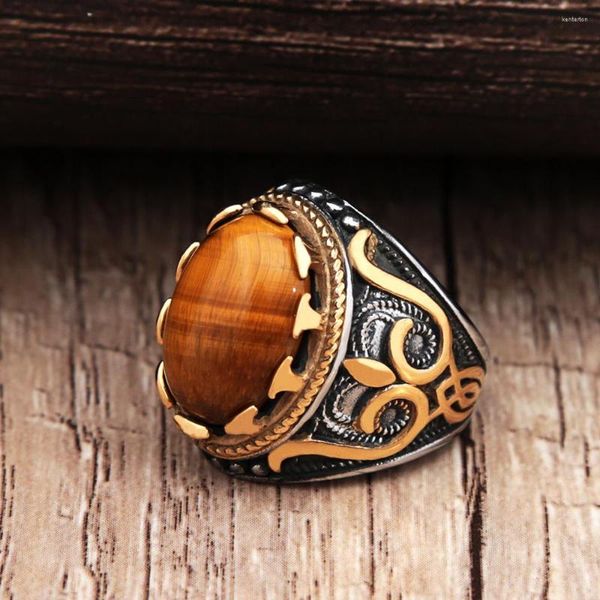 Rings de cluster Estilo da quadra vintage Tiger Eye Ring Oval Motker Aço inoxidável punk homem com joias de pedra marrom Presentes de jóias