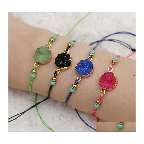 Pulseras con dijes Pulsera de cuentas de piedra de resina Druzy natural con tarjeta Make A Wish Cuerda roja azul Tejido ajustable para hombres Mujeres Drop De Otqrd