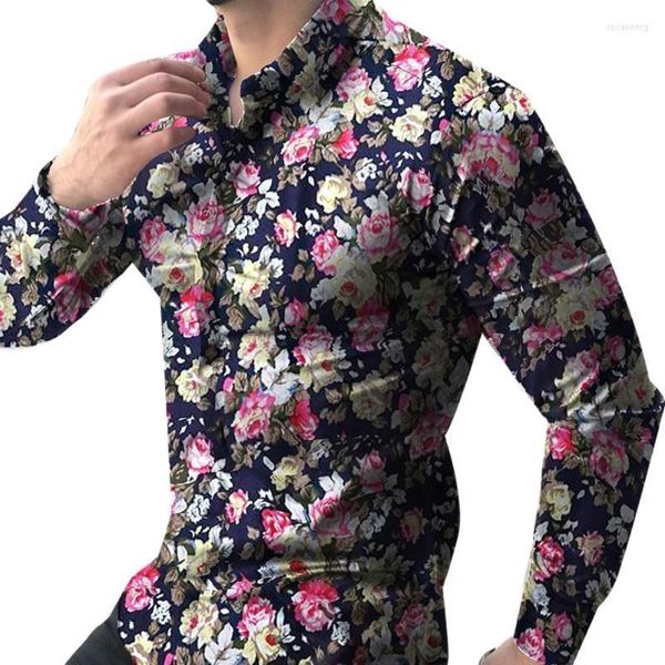 Polos masculinos Camisa de vestido de tamanho masculino Men manga longa impressão floral botão comercial casual