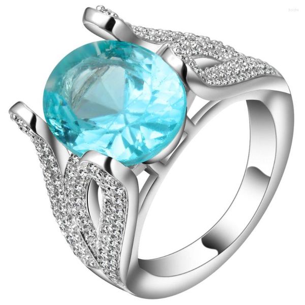 Anéis de casamento Luxury Micro Pave Blue Zircon Design de dedo anel de dedo anel prateado colorido Charme de cocktail bandas de festa para mulheres