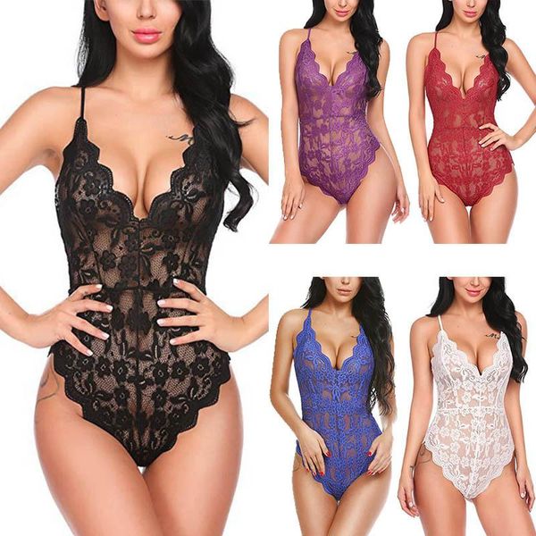 Kadın Sweetwear Seksi iç çamaşırı v Neck onesies Nightwear Ladies Dantel Sling Pijamaları Arka Bodysuit Kadın Görmek