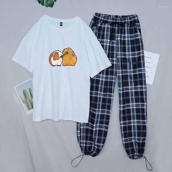 Zweiteilige Damenhose, süßes Nacht-Pyjama-Set für Damen, Homewear, Hosen und Tops, hohe Taille, Damen-Meerschweinchen-Cartoon-Kleidung