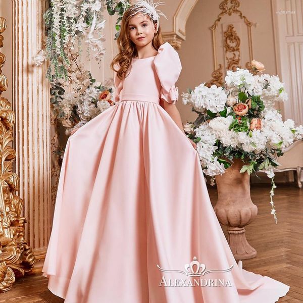 Vestidos para meninas Princesa Laço de Cetim Manga Meia Vestido Flor Para Ocasiões Especiais Crianças Dama de Honra Festa Aniversário Concurso de Casamento Poshoot