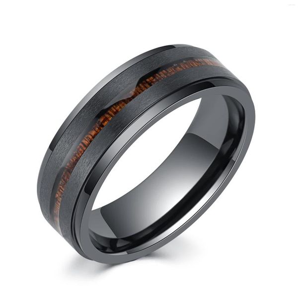 Anéis de casamento 2023 Trendy 8mm preto tungstênio para homens koa madeira embutida fosca acabamento escovado bandas de aço inoxidável