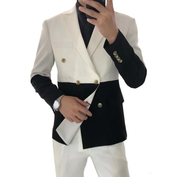 Erkek Suit Blazers Erkekler Blazer Hombre Yarı Saplı Kırmızı Beyaz Çift Kırıltılmış Blazer Maskulino İnce Düğün Prom Moda dikiş Erkekler Blazer Erkekler 230130