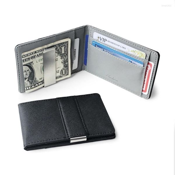 Caixas de armazenamento Moda Moda Solid Men's Fin Bifold Money Clip Leather Wallet com um suporte de caixa de identificação feminina de metal