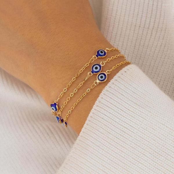 Braccialetti con ciondoli PuRui Bracciale semplice blu turco con occhio fortunato Braccialetti con catena in rame regolabile color oro per gioielli da donna Festa di nozze