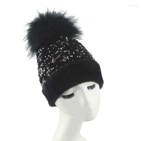 Berretti di marca inverno caldo lavorato a maglia berretti cappelli donne bling paillettes Beanie Skullies vera pelliccia pompon cappello femminile berretti cofano