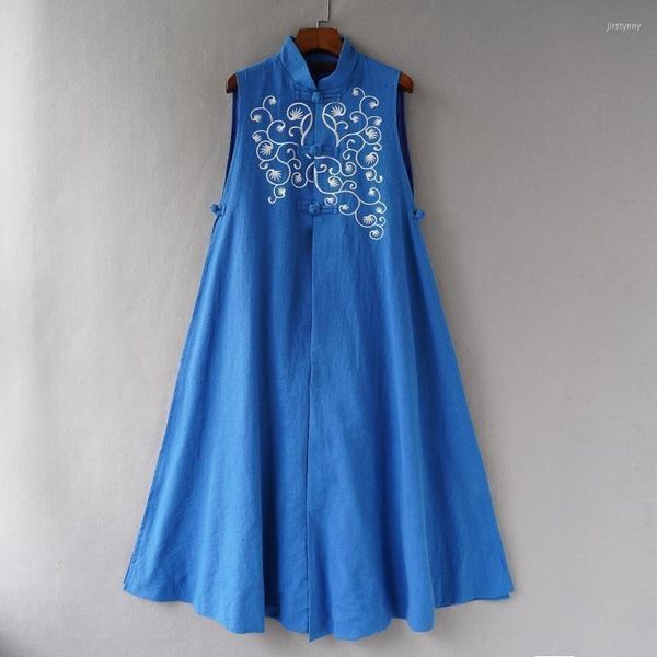 Повседневные платья вышивка китайского стиля женщин черный жилет платье Midi Oriental Ethnic Blue без рукавов Женская одежда 2023