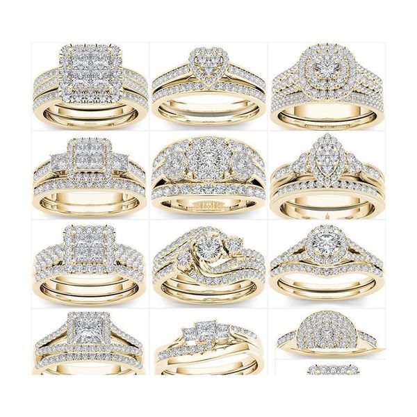 Alianças de casamento 2 pçs conjunto nupcial elegante anel de noivado de cristal de luxo cor de ouro redondo coração zircão para mulheres joias boho 1892 t2 dr dhlm6