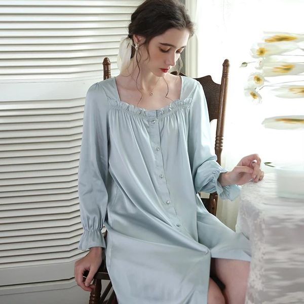 Roupa de sono feminina de manga longa Cetina de seda de seda Vintage Style Nightgown Chemise for Women Loungewear Square Collar Dress Pijama