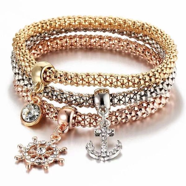 Bracelete de cristal de corrente el￡stica Diamante Coroa da coroa da vida Skull Butterfly Charm Bracelets Bangle Sets Jewelry Will and Sandy