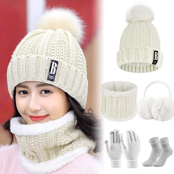 Beretti Donne inverno Cappello a maglia e sciarpa Set guanti Calzini auricolari che riscaldano HSJ88