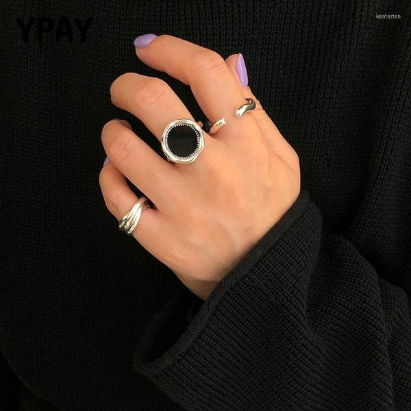 Clusterringe YPAY Authentische 925 Sterling Silber Offen für Frauen Korea Unregelmäßige Geometrische Schwarz Kleber Zinn Folie Ring Schmuck YMR1058