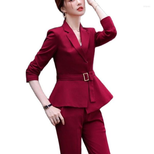 Pantaloni a due pezzi da donna Eleganti disegni uniformi formali rossi Tailleur pantalone con e giacche Cappotto per le donne Abbigliamento da lavoro da lavoro Blazer Cintura