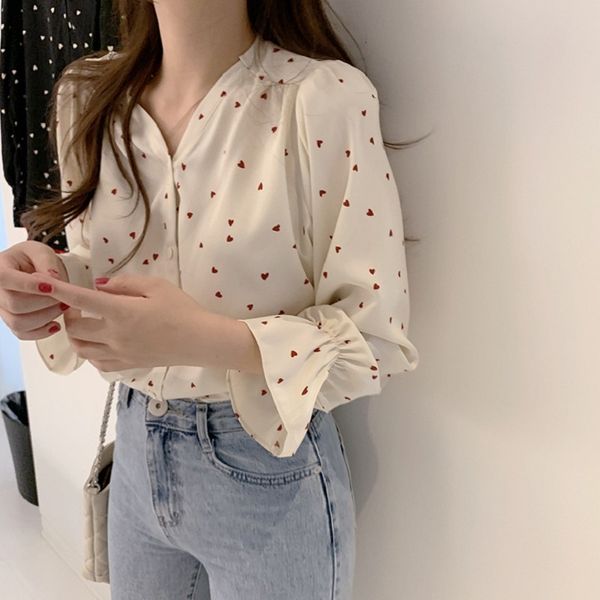 Женская футболка весенняя шифоновая рубашка корейская мода с длинным рукавом белые рубашки уличная одежда офисная блузка элегантная леди сердце