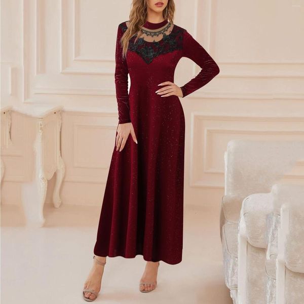 Vestidos casuales Vestidos elegantes Sexy para mujer primavera otoño de manga larga de encaje de Color sólido cintura vestido de lentejuelas de talla grande