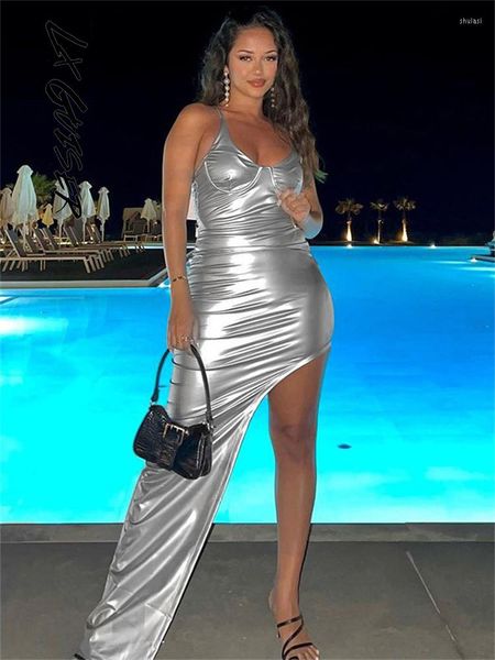 Vestidos casuais lx guiser sexy y2k spaghetti tira de couro pu bodyless bodycon women 2023 Autumn Winter Party Elegant Maxi Woman's Dress