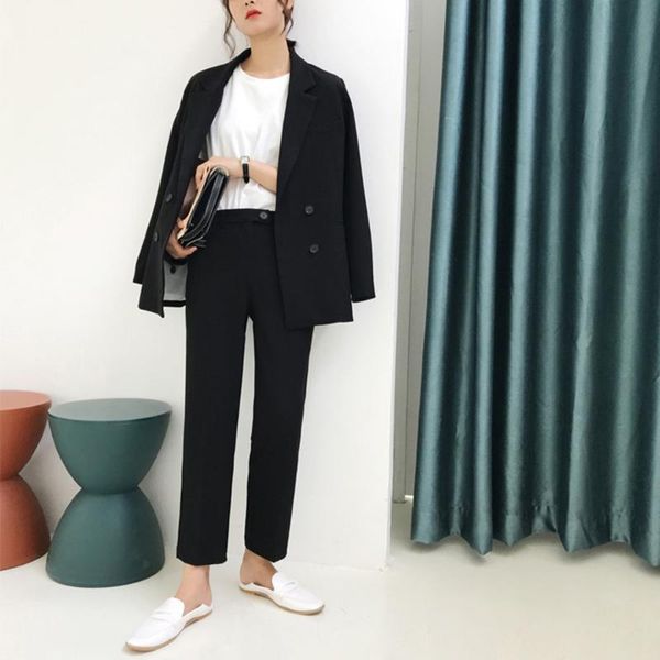 Kadınlar Suits Blazers Vintage Kalın Kadın Pantolon Su Takımı Açık Siyah Çentikli Blazer Ceket 2023 Sonbahar Kış Ofis Giyim Kadın Setleri