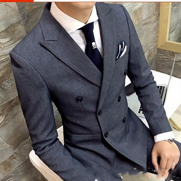 Herrenanzüge Ankunft Slim Fit Grau Zweireiher Herrenanzug Maßgeschneidert Business Formelle Hochzeit 2 Stück Kostüm Homme Blazer Hosen