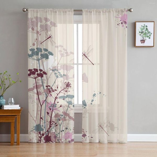 Vorhang Aquarellblumen Libelle Kunst Tüll Vorhänge für Wohnzimmer Schlafzimmer Dekor Transparent Chiffon Sheer Voile Fenster