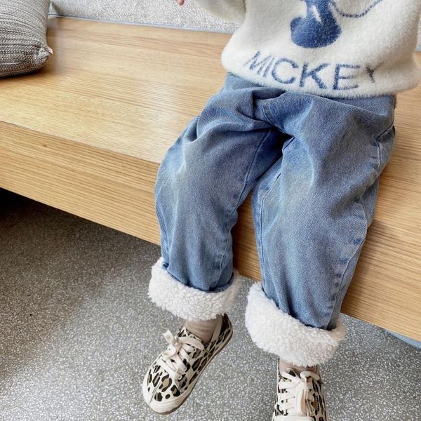 Calça de inverno infantil de jeans meninas meninos casuais solto coreano sólido lambool espessa calça jeans quentes para crianças pequenas