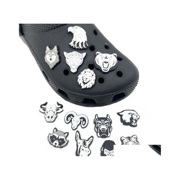 Schuhteile Accessoires 13 Stil schwarzer weißer Tierkopf Croc Charms PVC Garten weicher Gummi für Clog Armband Armband Teil Drop d Dhcoq