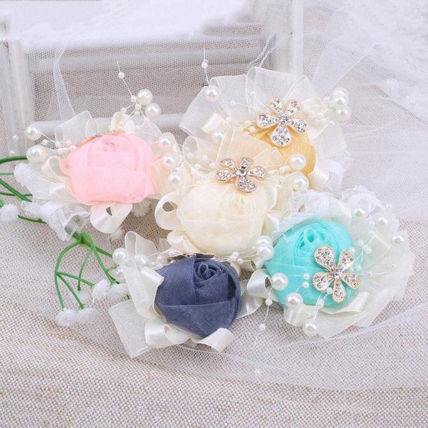 Flores decorativas 2023 Noiva e dama de honra Corsage Ribbon Ritroche Rhinestone Made Sister Group Party Wedding Supplies T042