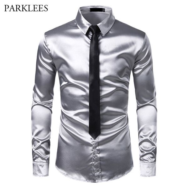 Camicie casual da uomo 2 pezzi Camicia in seta argento Cravatta da uomo Raso liscio Tuxedo Button Down Abito da uomo Festa di nozze Prom Chemise Homme 230130