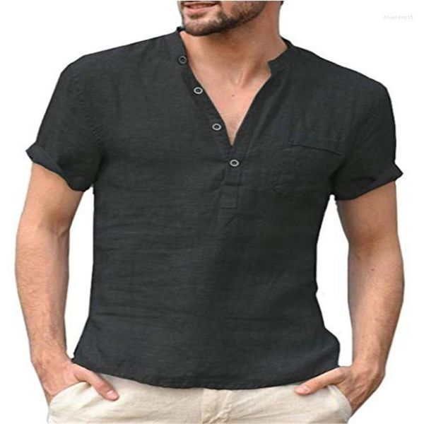 Camicia da uomo a maniche corte in lino di cotone da uomo per l'estate 2023 Camicie eleganti da uomo con apertura abbottonata e colletto in piedi