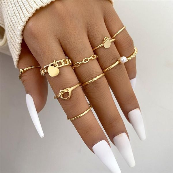Anelli a grappolo VAGZEB Fashion Heart Set Gold Color Hollow Chain Opening Women Finger Ring per Girl Lady Party Wedding Jewelry Gifts