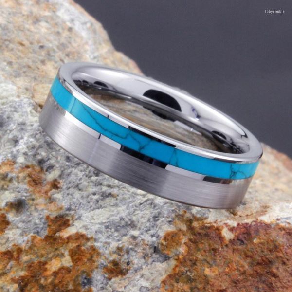 Обручальные кольца мода 8 мм мужчина синий бирюзовый каменный инкрустация вольфрамовое кольцо с матово -центральной стальной группой ювелирные изделия Toby22