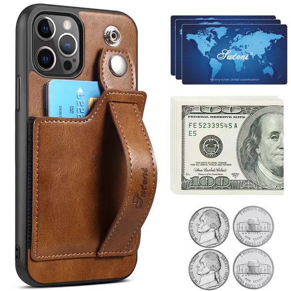 Leder-Handyhüllen, Handschlaufe, rückseitige Abdeckung für iPhone 11 12 13 14 Pro Max Xr Xs 7 8 Plus Samsung s22 s21 Wallet Card Slot Phone Holder Stand Case