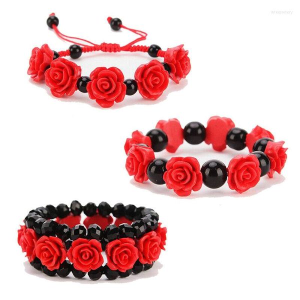 Charm-Armbänder, modisch, elegant, rote Rose, Blume, Strass-Perlen, für Damen, schöner Schmuck, Accessoires, Zinnober