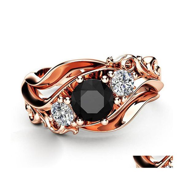 Anello solitario Huitan Witch Unique Black Stone Prong Setting Twist Band Design Colore oro rosa Anelli di fidanzamento per donna Wholesa Dhzkx