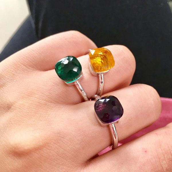 Fedi nuziali Pietre naturali vintage Anello con ciondolo quadrato con pietre preziose Anello bling di lusso con agata verde rossa e turchese Coppia di fidanzamento da donna