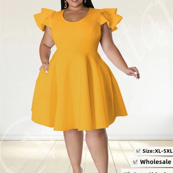 Plus Size Kleider Wmstar Größe für Frauen Elegante Party Solide Rüschen Ärmel Großer Saum Midikleid Großhandel 230130