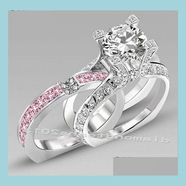 Fedi nuziali Taglia 510 Gioielli di lusso 10Kt Oro bianco riempito Rosa Cubic Zirconia Anello di fidanzamento da donna Set regalo Consegna di goccia Dhba9