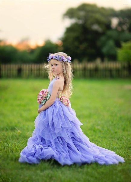 Mädchenkleider nach Maß Lavendel Neckholder Mädchen Festzug Kleider Tüll abgestuft lange Blume für Hochzeit bunte Blumen rückenfrei Baby