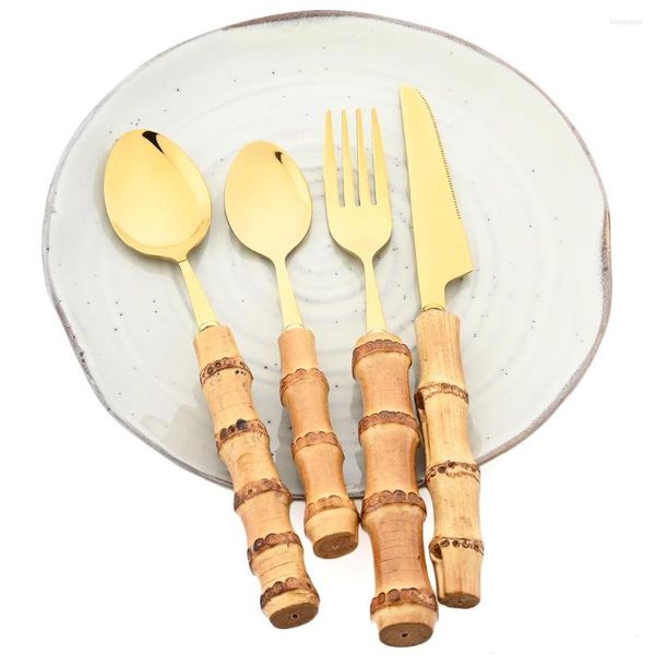 Set di stoviglie Creativo Set di posate con manico in bambù 16/24 pezzi Stoviglie in acciaio inossidabile Coltello da bistecca Cucchiaio Forchetta Posate da cucina