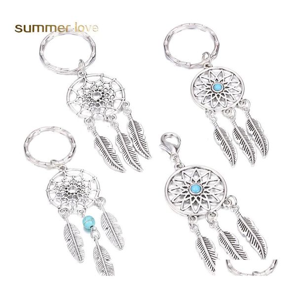 Portachiavi Antico Sier Nappa Perline Piuma Dreamcatcher Portachiavi Donna Campanelli eolici Catena Foglia Borsa per auto Decorazione Stile indiano Goccia Otfh7