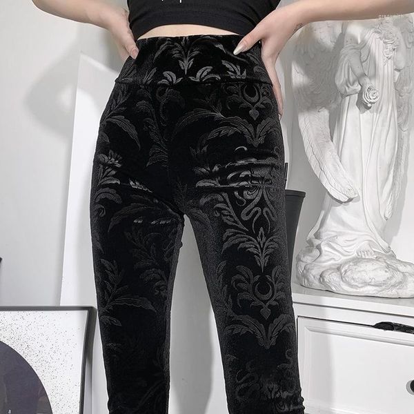 Calça feminina shopp shop gótico migmina de veludo gótico escuro harajuku streetwear 90ssllim estéticos alta cintura magra perneiras punk