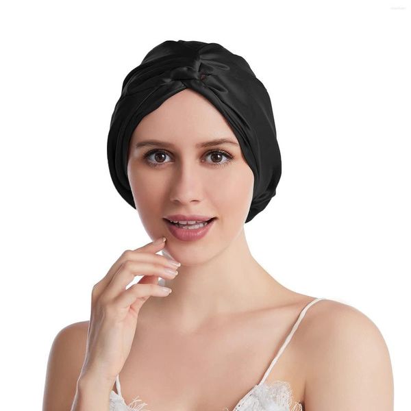 Berets Doppelschichtige Satin-Schlafmütze, klassischer Stil, natürliche Seide, atmungsaktive Nachthaube, Kopfbedeckung, elastisches Band, Kopf für lockiges Haar