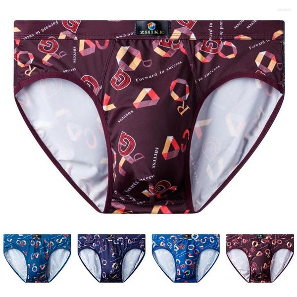 Mutande da uomo in seta di ghiaccio con stampa alla moda, slip a triangolo, biancheria intima a vita bassa, bikini, sexy, mutandine, lingerie erotica da uomo, taglie forti