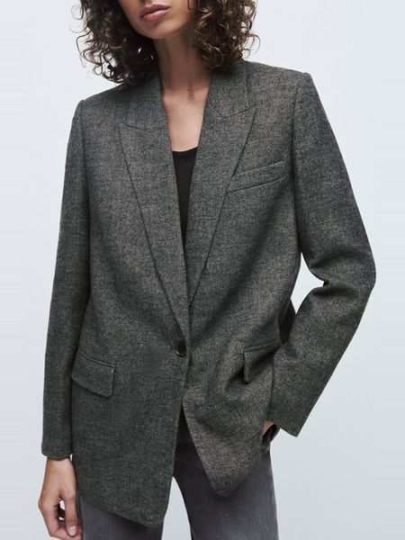 Ternos femininos Blazers Traf Women Women Coal Grey Herringbone Twill Blazer Casual Casual Manga Longa Casa de terno único Tops retos femininos CD8740 230131