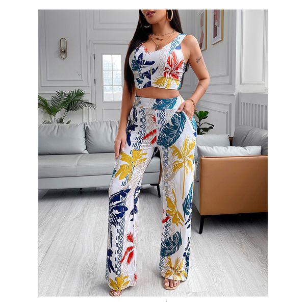 Traccettaci da donna chicme estate da donna stampa tropicale pantaloni tascabili tascabili set di moda quotidianamente strade due pezzi abiti 230131