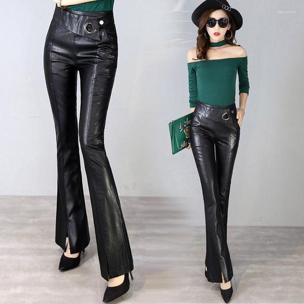 Kadın Pantolon S-2XL 2023 Sonbahar Kadın Yüksek Bel Deri Siyah Pu Placketing İnce Kadın Seksi Uzun Bot Kesim Pantolon